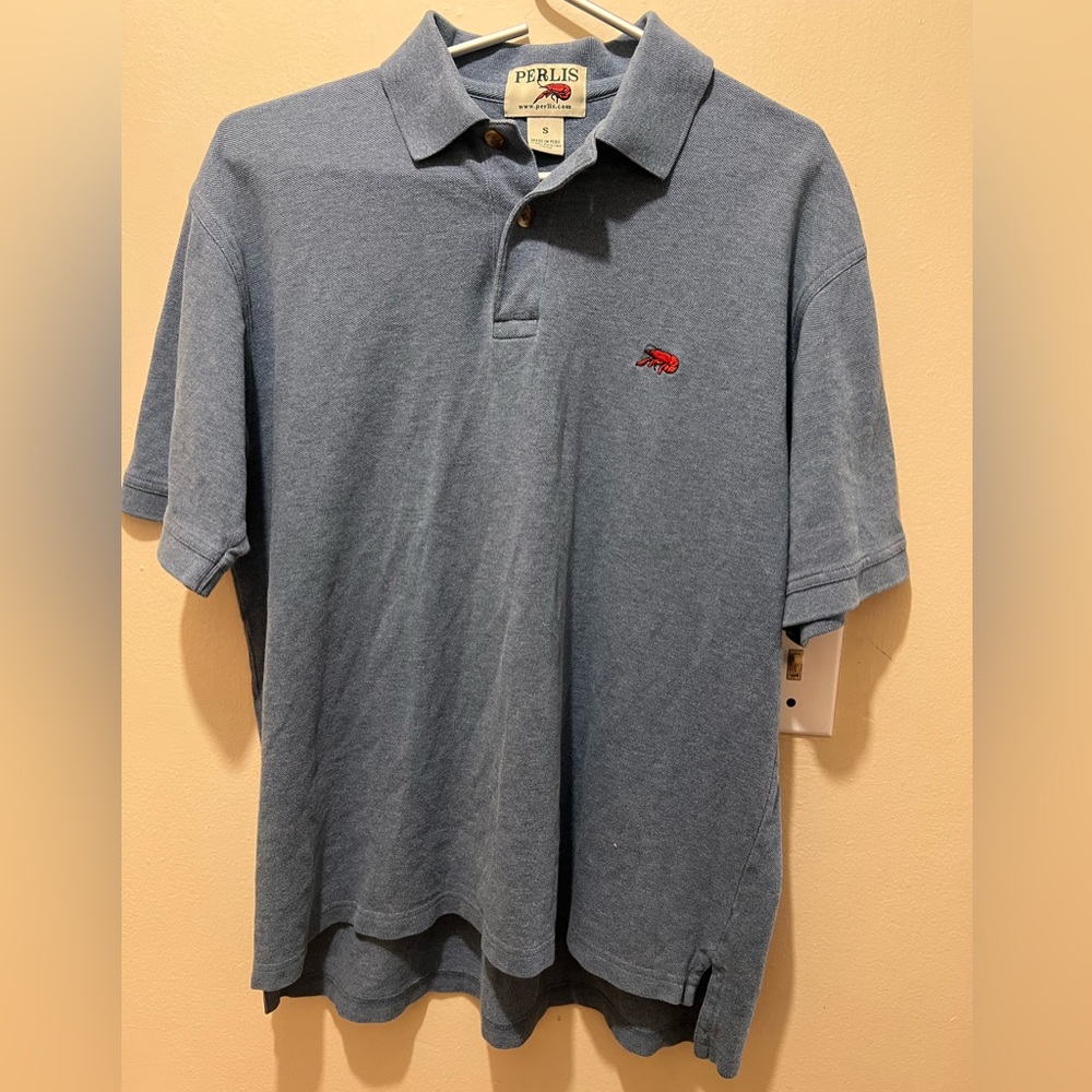 Vintage Perlis Nola Mens Shirt Polo Size Small Light Blue Crawfish Logo Cotton